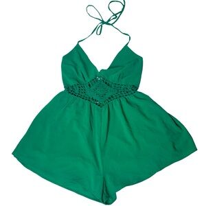 Illa Illa Women’s Embroidered Green Haltor Top Jump Suit Shorts Size Medium